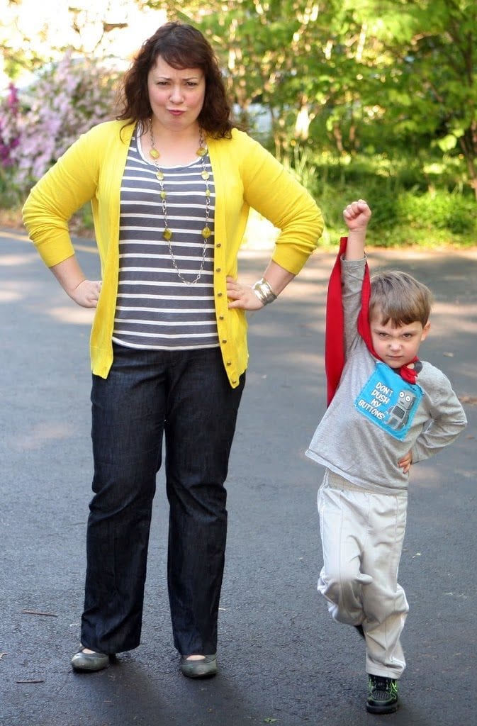 What I Wore: Yellow with Gray Stripes 4 Alison Gary of Wardrobe Oxygen in a yellow cardigan, gray striped t-shirt, and trouser jeans