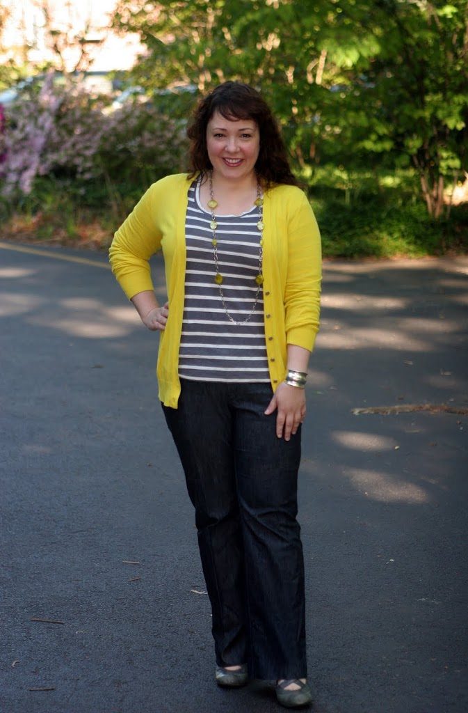 What I Wore: Yellow with Gray Stripes 1 Alison Gary of Wardrobe Oxygen in a yellow cardigan, gray striped t-shirt, and trouser jeans