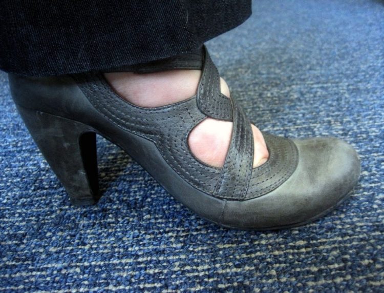 What I Wore: Yellow with Gray Stripes 2 gray mary jane style heeled shoes from Miz Mooz