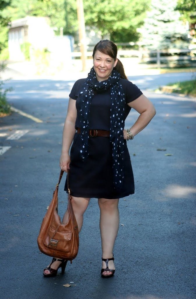 My Wardrobe Today - Wednesday 2 Alison Gary of Wardrobe Oxygen in a navy poplin dress from Lands' End Canvas holding a Banana Republic Sandhurst Hobo bag in camel leather