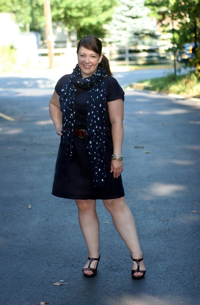 My Wardrobe Today - Wednesday 4 Alison Gary of Wardrobe Oxygen in a navy poplin dress from Lands' End Canvas holding a Banana Republic Sandhurst Hobo bag in camel leather