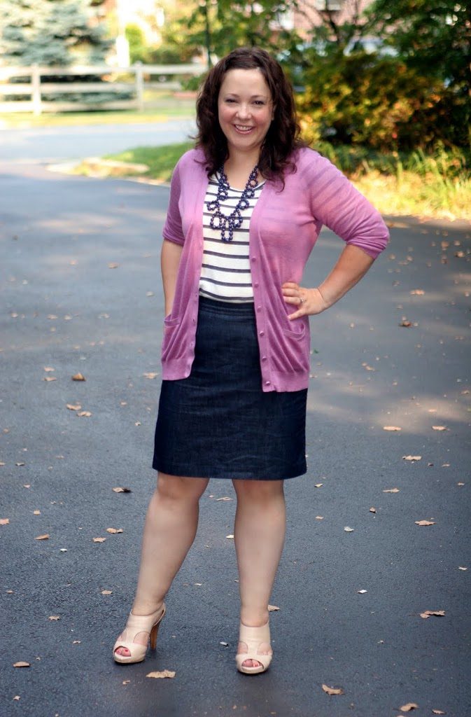 Alison Gary of Wardrobe Oxygen in a J. Crew bubble necklace, avender boyfriend cardigan, striped shirt, and denim pencil skirt
