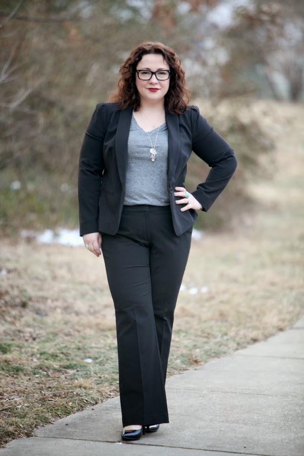 Wearing a gray v-neck Old Navy Vintage tee under a black Ann Taylor LOFT suit to work