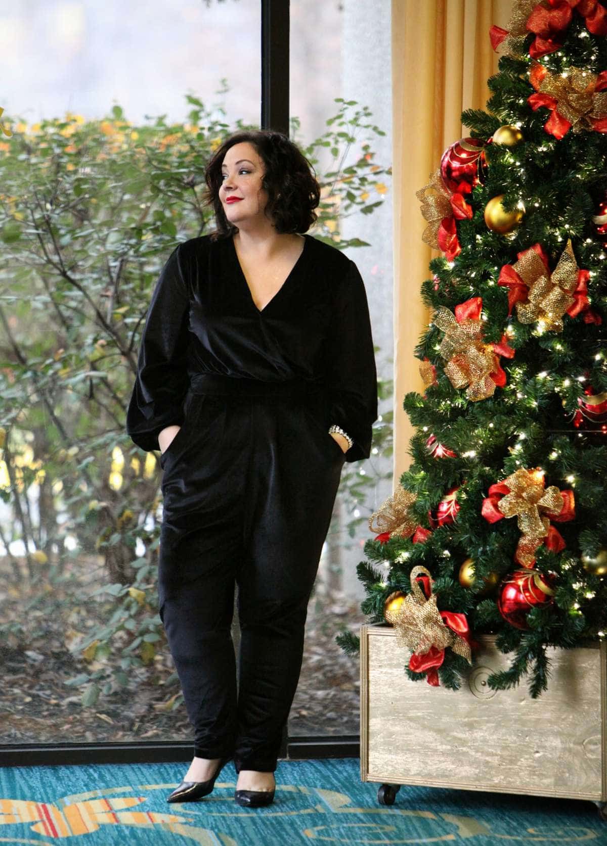 Wardrobe Oxygen in a black velvet jumpsuit from Seven7 Melissa McCarthy with Nine West Jackpot pumps What I Wore: Relax and Be Festive