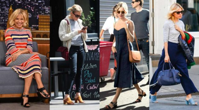 Sienna Miller wearing the block heel trend