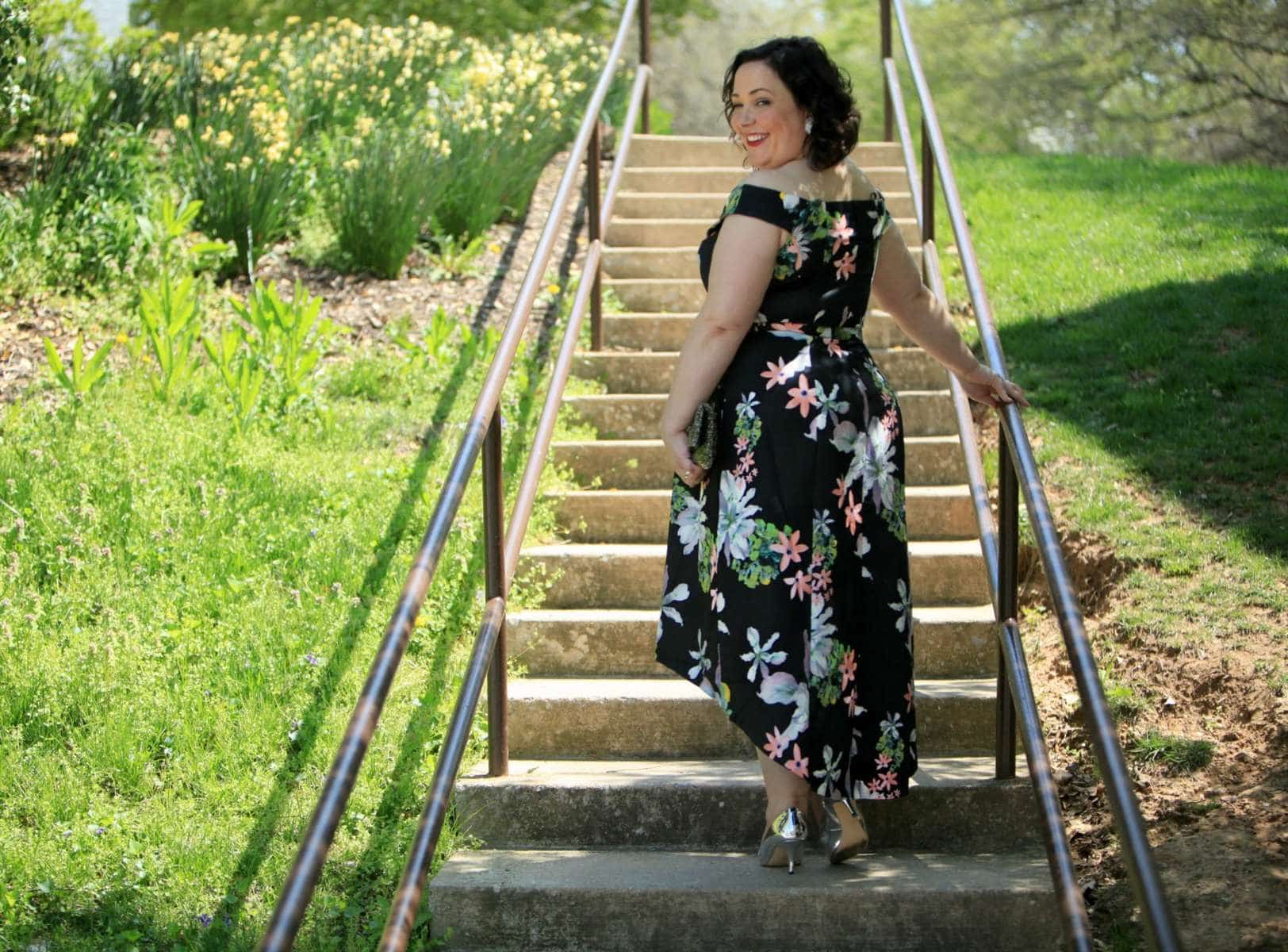 Wardrobe Oxygen in a CityChic floral off the shoulder dress with silver Nine West pumps and a vintage clutch city chic off the shoulder dress