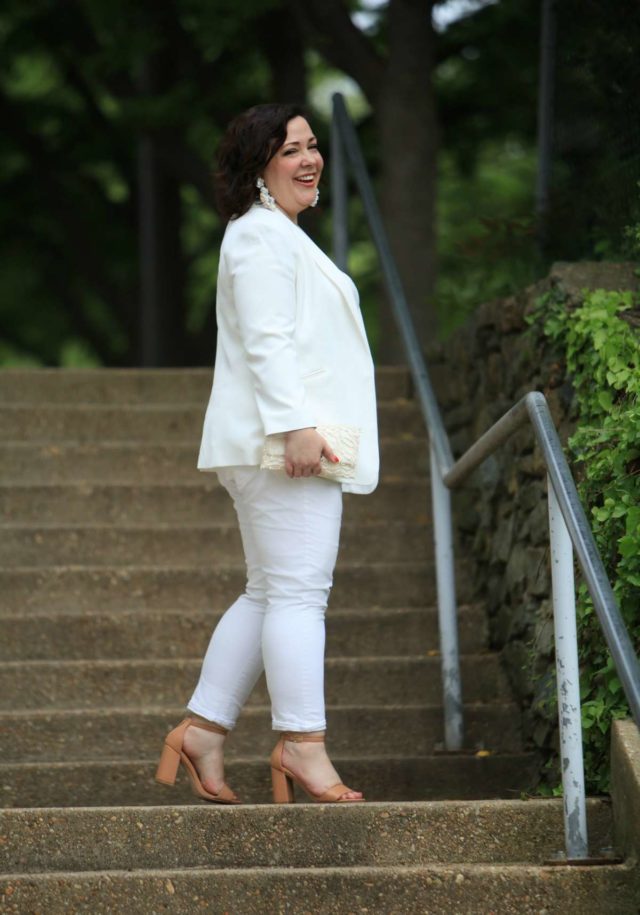 Wardrobe Oxygen in Vince Camuto blazer, LOFT strappy cami, Gap girlfriend jeans and Loeffler Randall tab clutch