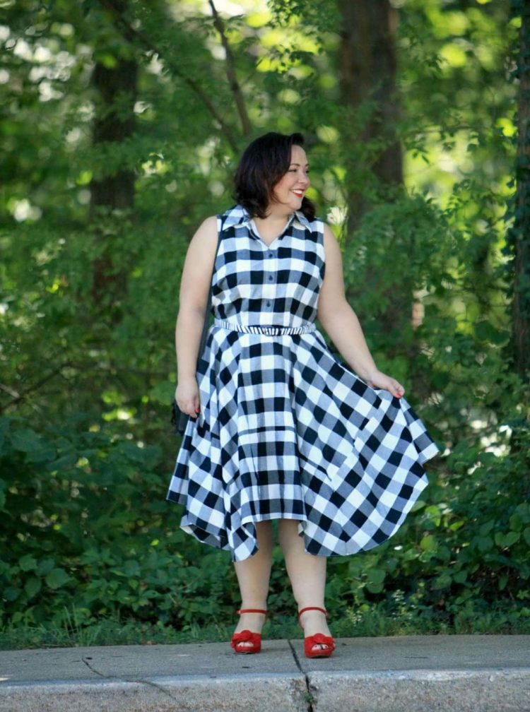 Where to Shop for Truly Stylish Wide Width Shoes 7 Wardrobe Oxygen in a black and white gingham dress from Gwynnie Bee with a cabi zebra calfhair belt and Naturalizer Adelle red suede platform sandals
