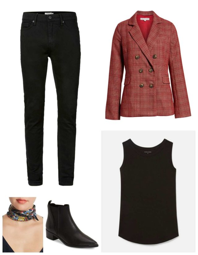 tips on how to style a plaid blazer for fall featuring a red plaid double breasted blazer with black pants and a black shell