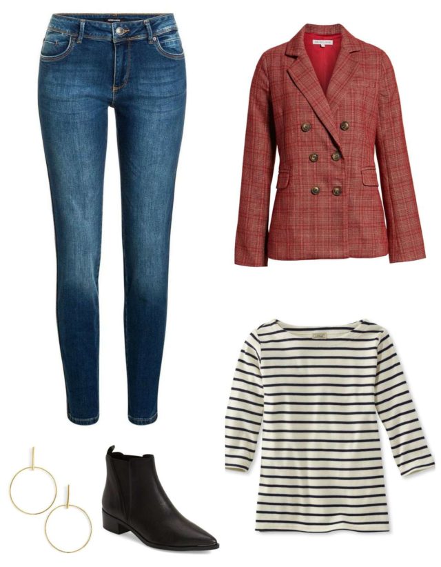 tips on how to style a plaid blazer for fall featuring a red plaid double breasted blazer with a Breton stripe top, dark slim jeans, and black ankle boots.