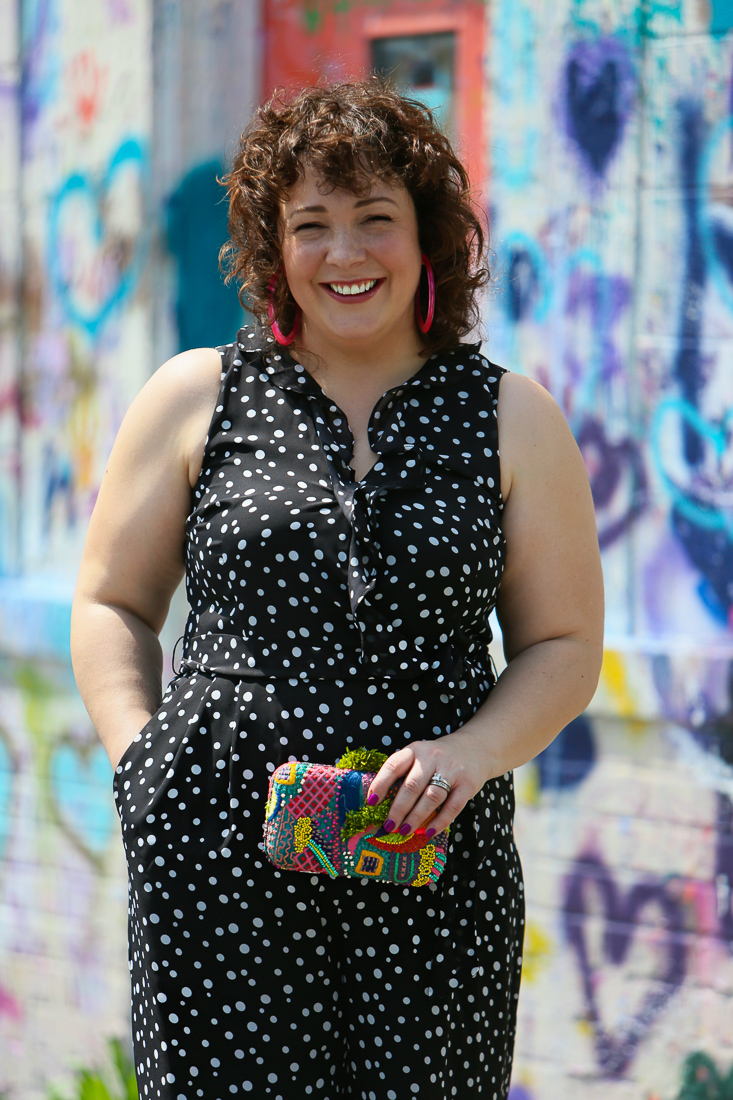 Black and white polka dot chiffon jumpsuit on Wardrobe Oxygen