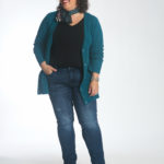 Wardrobe Oxygen in the cabi Deco Cardigan, Tuxedo High Straight, and Delight Scarf