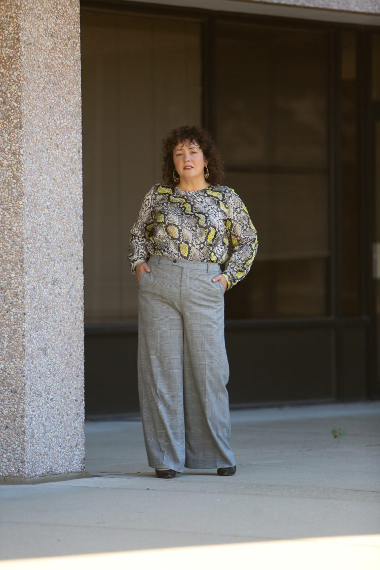 Wardrobe Oxygen in the Universal Standard Emma Pants in gray glen plaid with the snakeskin print Michaela pleated top