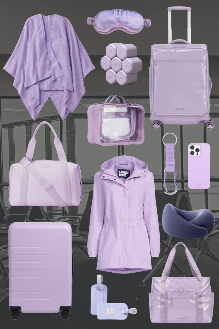 travel gear in shades of purple including lavender suitcases, lilac travel totes, violet packable raincoat, and lavender travel accessories and luggage