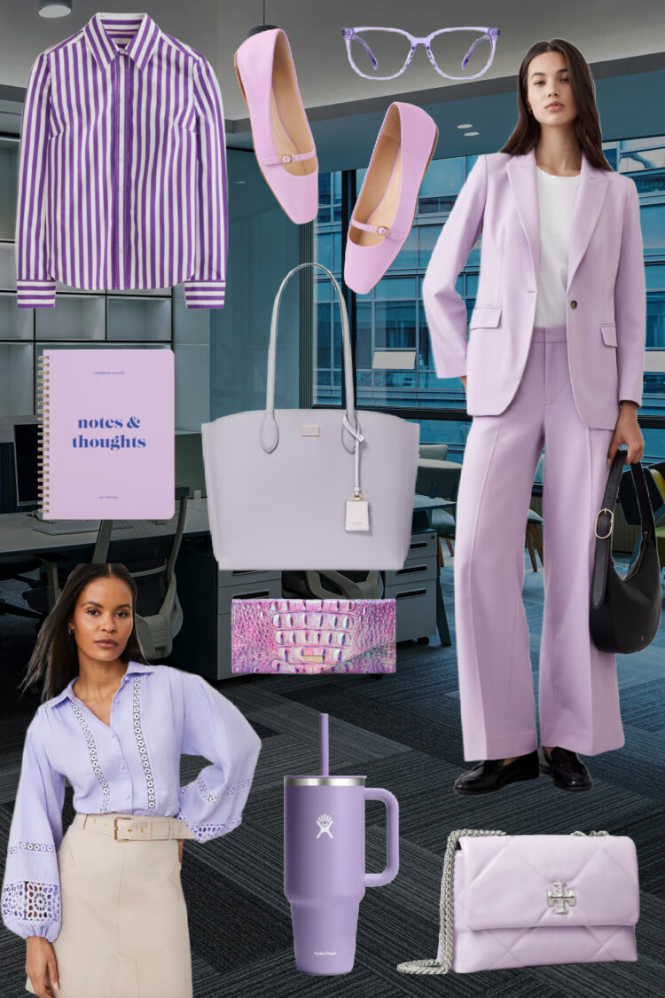 lavender, lilac, and orchid colored clothing, bags, and accessories for women working in an office