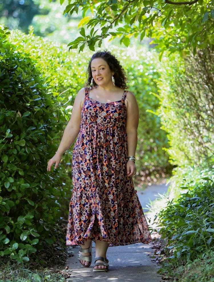 Alison Gary of Wardrobe Oxygen in a purple floral Madewell X Banjanan Sundress