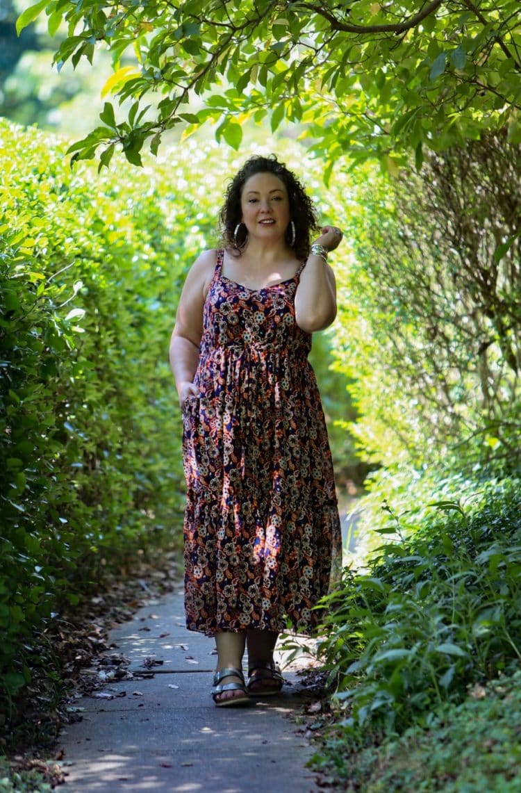 Alison Gary of Wardrobe Oxygen in a purple floral Madewell X Banjanan Sundress