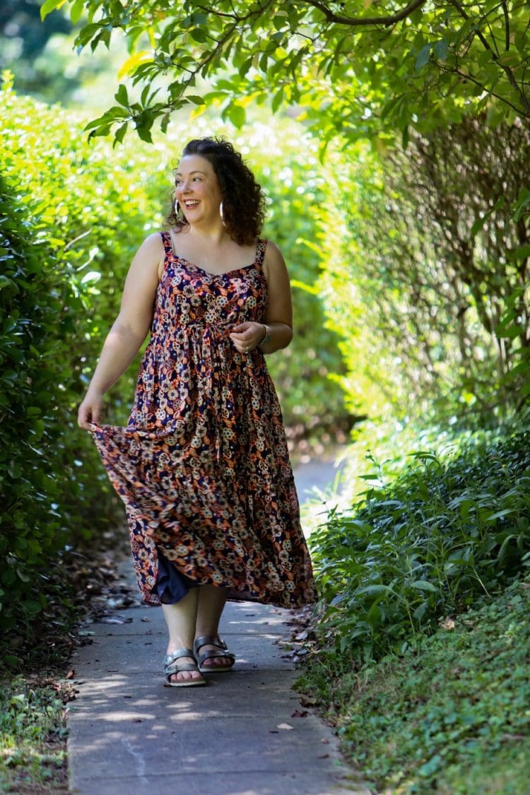 Alison Gary of Wardrobe Oxygen in a purple floral Madewell X Banjanan Sundress