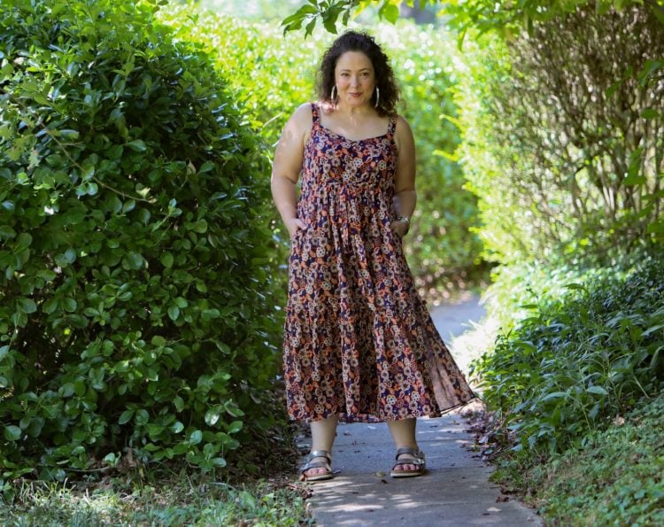 Alison Gary of Wardrobe Oxygen in a purple floral Madewell X Banjanan Sundress
