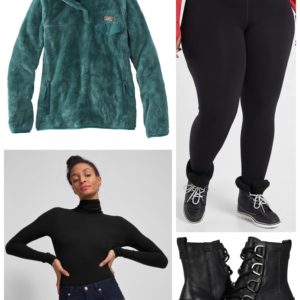 LL Bean fleece with Athleta fleece leggings and a Universal Standard foundation turtleneck