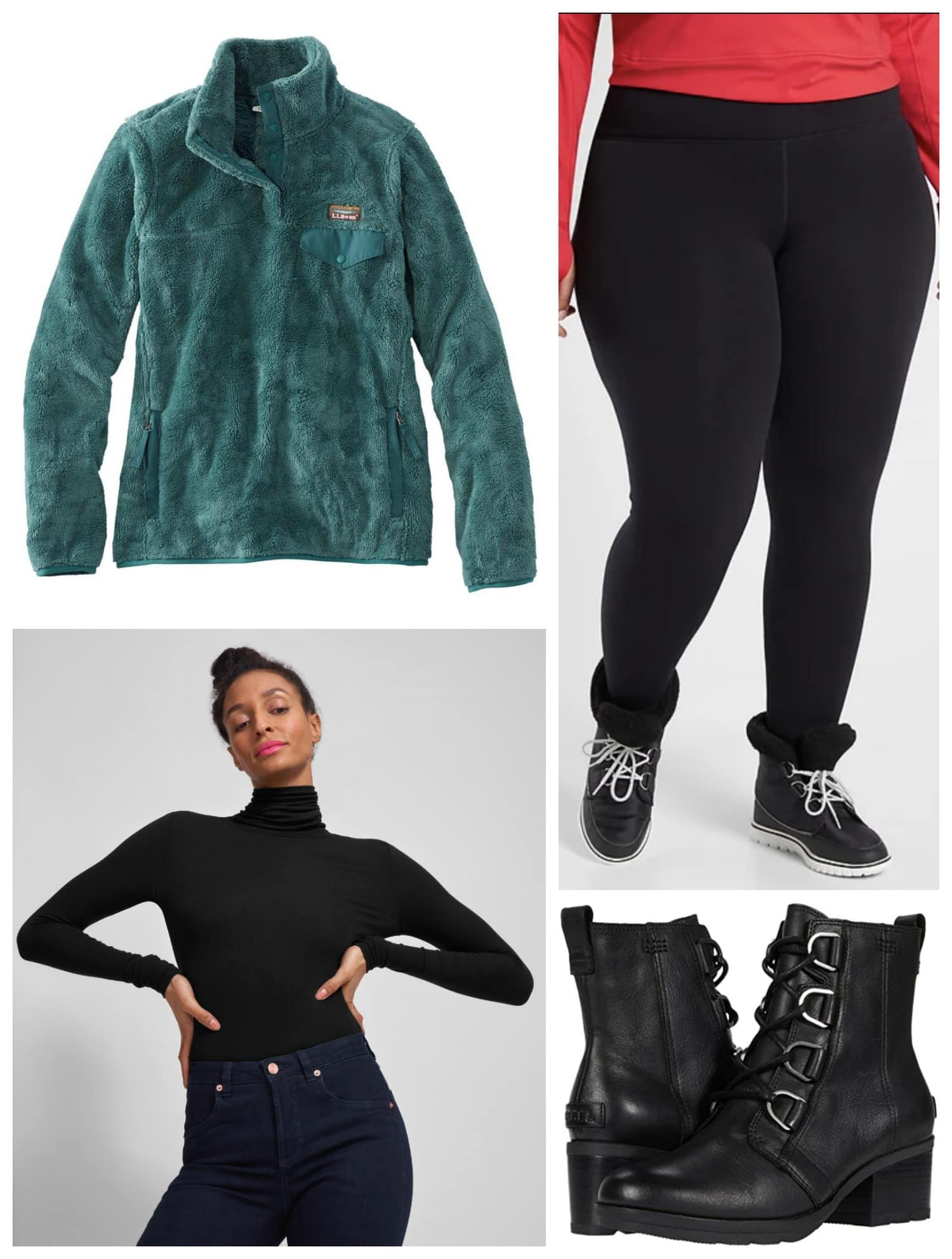 LL Bean fleece with Athleta fleece leggings and a Universal Standard foundation turtleneck
