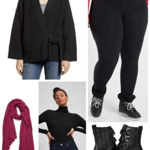 Not-so-basic all-black outfit with a pop of color from a berry colored pashmina