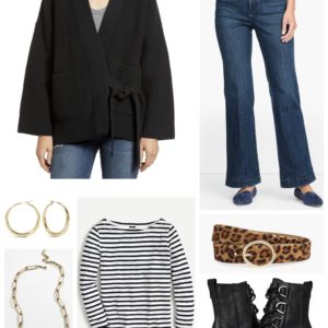 Stripes and leopard bring together a black cardigan and flared jeans