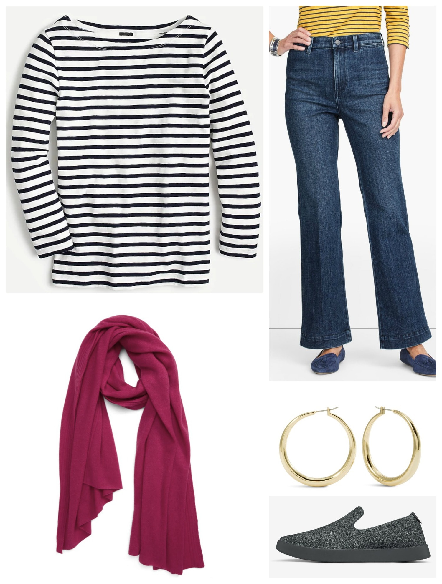 Keeping it Classic with a breton tee, flared jeans, and berry colored pashmina