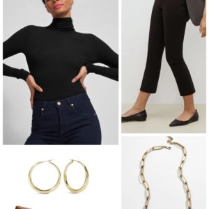 Audrey-inspired comfort with a black turtleneck and ankle pants with camel flats from Ally NYC