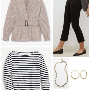 Casual Friday look with an MM LaFleur belted sweater coat and Breton tee
