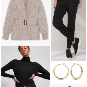 WFH Coziness with an MM LaFleur belted sweater coat and Soma Joggers