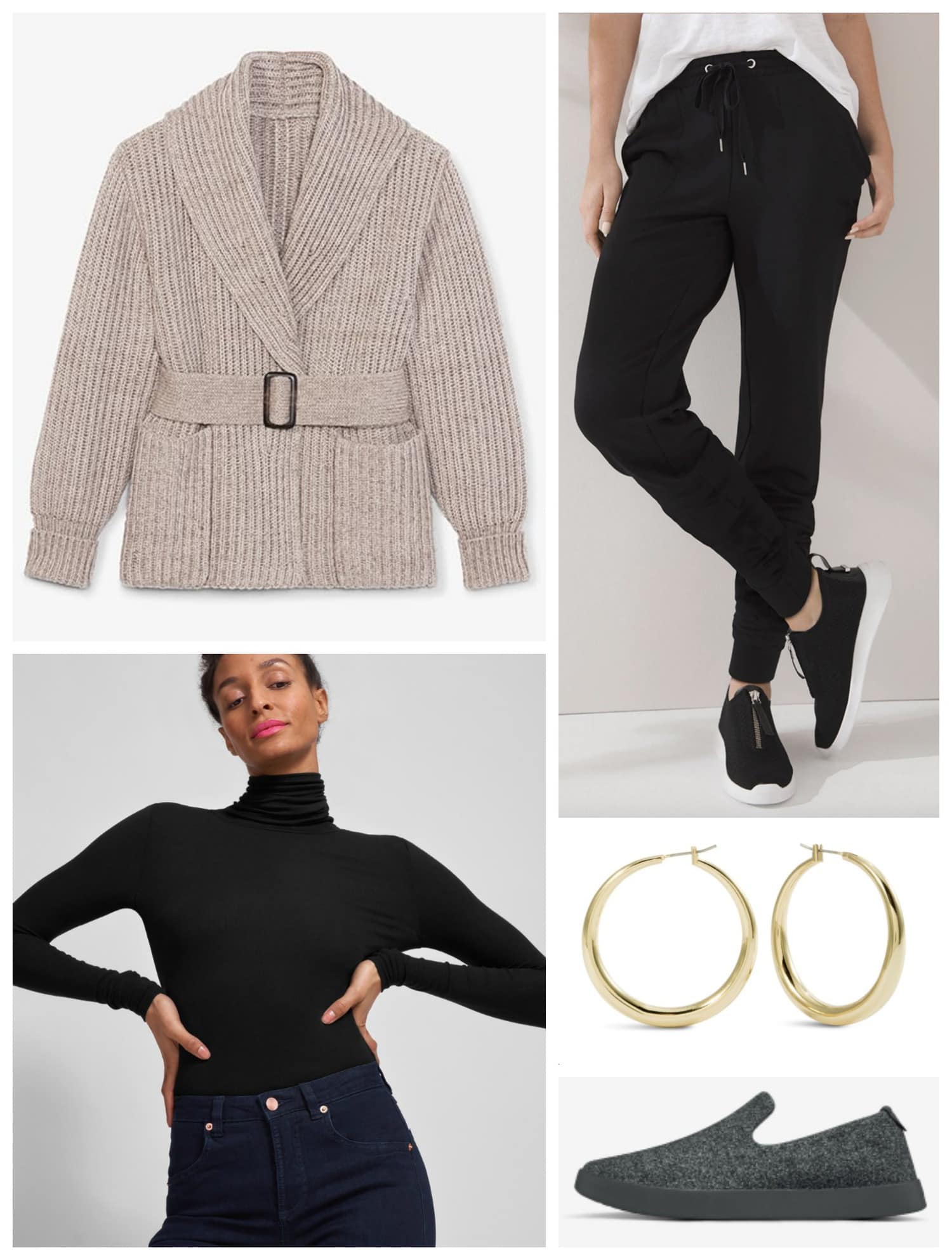 WFH Coziness with an MM LaFleur belted sweater coat and Soma Joggers