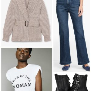 Firepit Friday Night outfit with Talbots wide leg jeans and an MM LaFleur belted sweater jacket