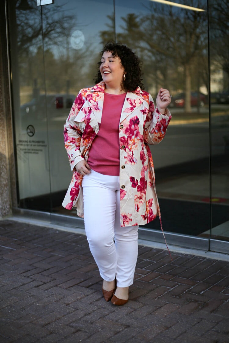 Floral Petite Raincoat with White Jeans 1 Chico's floral petite raincoat with white jeans