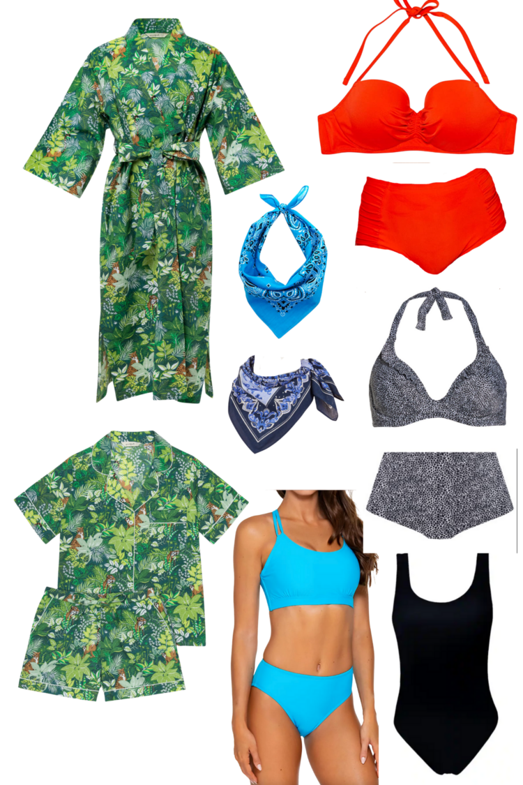 A collage of clothing to take to Davis Park fire island