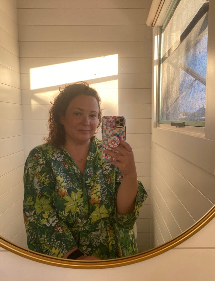 Alison Gary of Wardrobe Oxygen in a Printfresh bathrobe