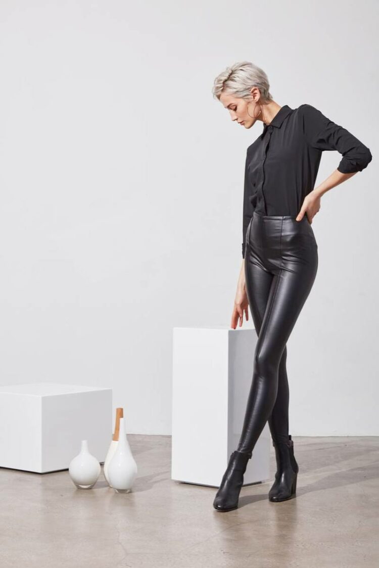 a model wearing Lysse faux leather leggings