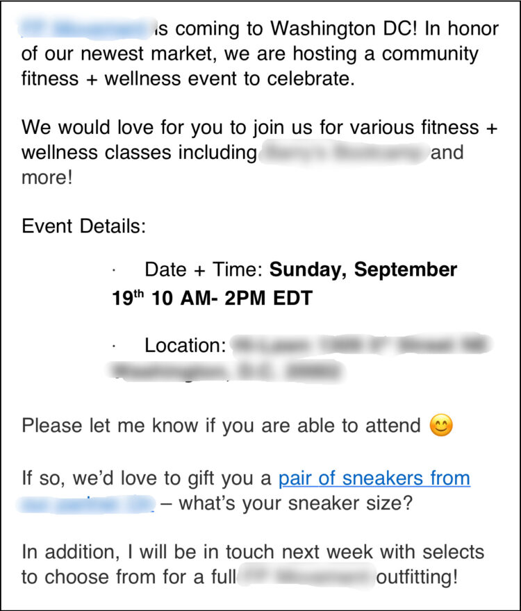 a screenshot from a popular apparel brand inviting me to attend a fitness event and to pick an outfit from their new activewear line.