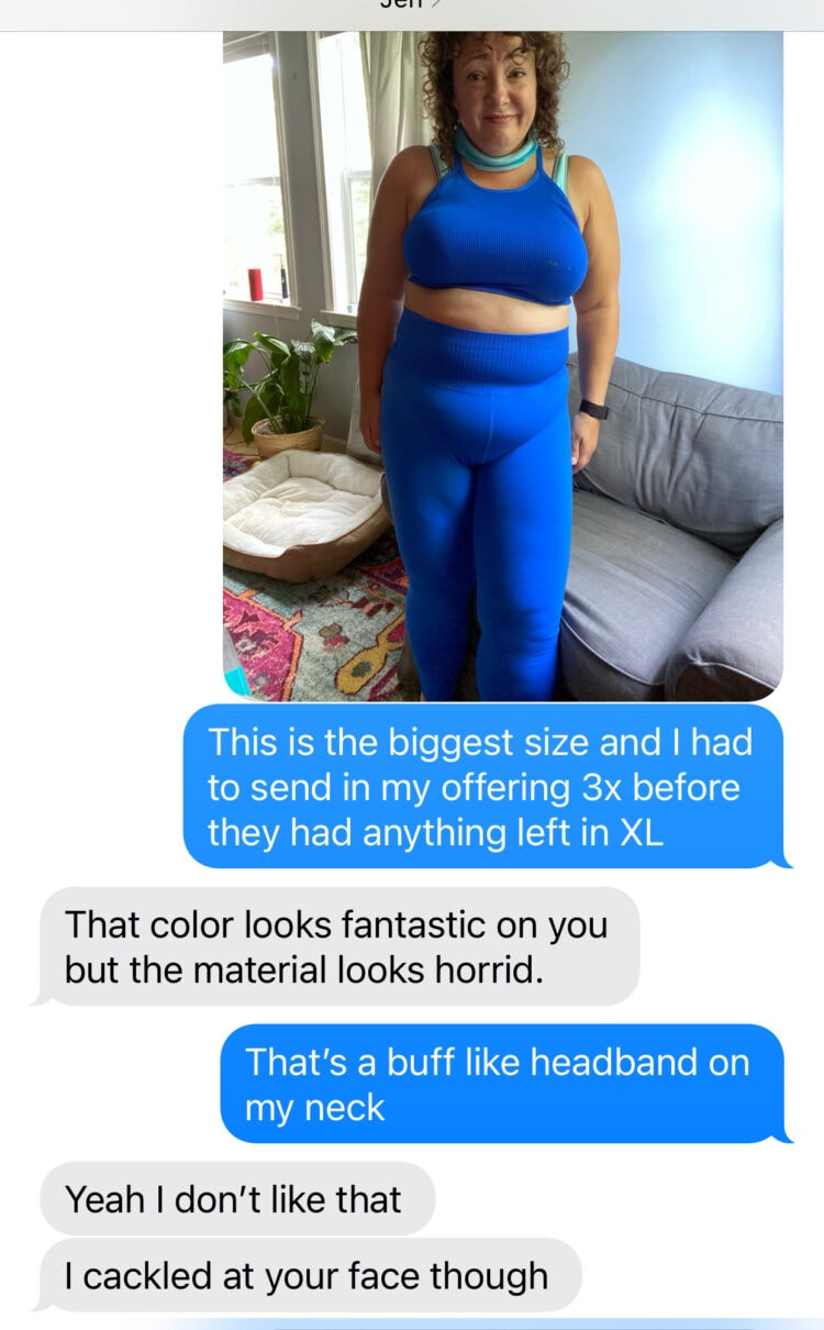 a screenshot of Alison of Wardrobe Oxygen in a cobalt blue ribbed bralette and leggings from FP that are clearly ill-fitting. 