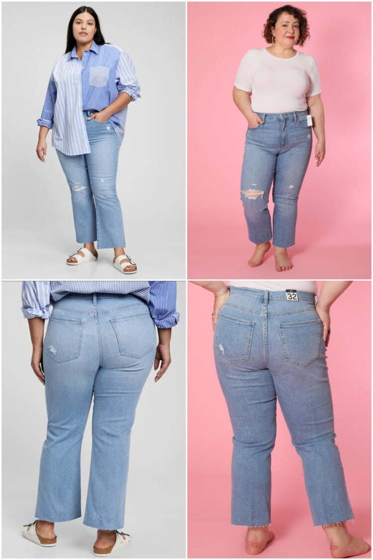 Front and Back view of 32 Short Gap Kick Fit High Rise Jean as compared to the model. 