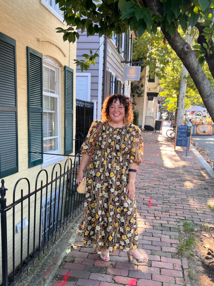 Alison Gary of Wardrobe Oxygen on a brick sidewalk in the Georgetown part of DC wearing a Rebecca Taylor cotton floral midi dress