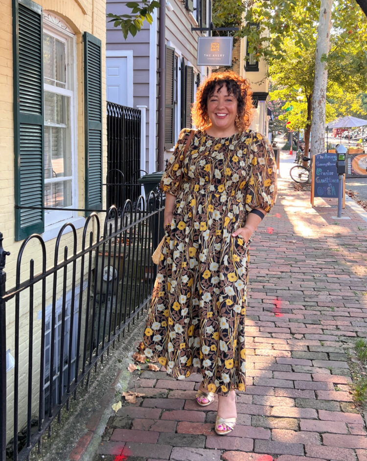 Alison Gary of Wardrobe Oxygen on a brick sidewalk in the Georgetown part of DC wearing a Rebecca Taylor cotton floral midi dress