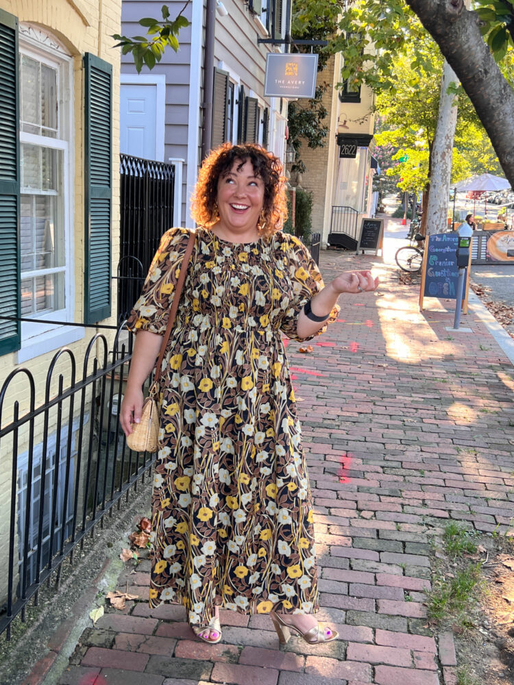 Alison Gary of Wardrobe Oxygen on a brick sidewalk in the Georgetown part of DC wearing a Rebecca Taylor cotton floral midi dress