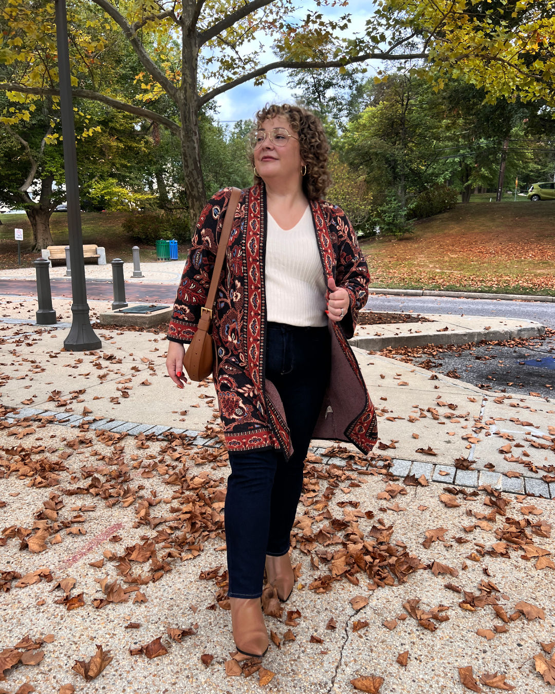 alison gary of wardrobe oxygen in a soft surroundings sweater jacket and ally nyc ankle boots