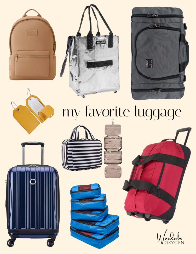 A collage of Alison Gary of Wardrobe Oxygen's favorite luggage and travel accessories