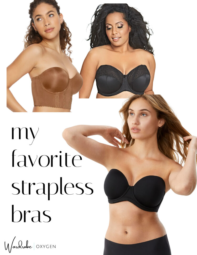 A collage of three different strapless bras for large busts available at Bare Necessities