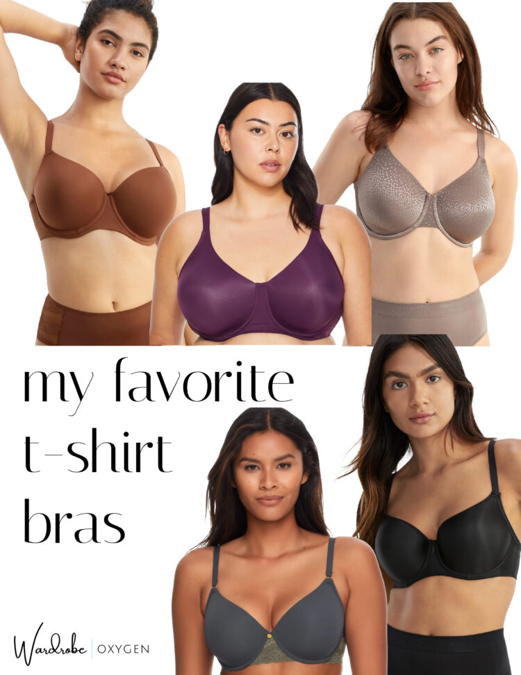 A collage of five different t-shirt bras