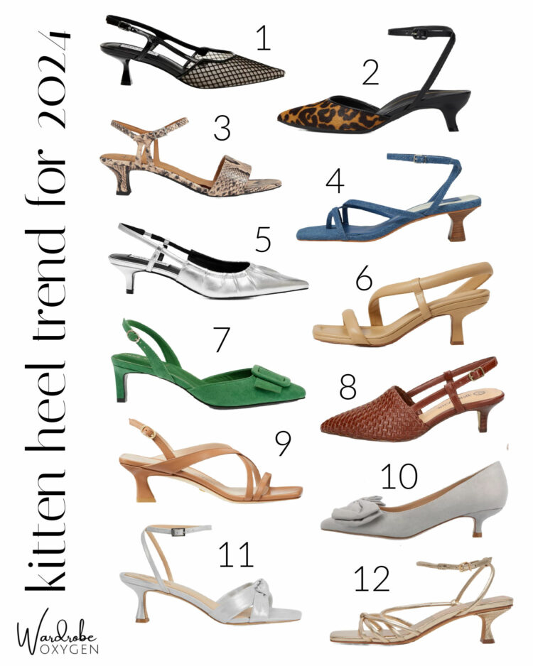 a collage of 12 kitten heel shoes that are both comfortable and stylish shoes for 2024