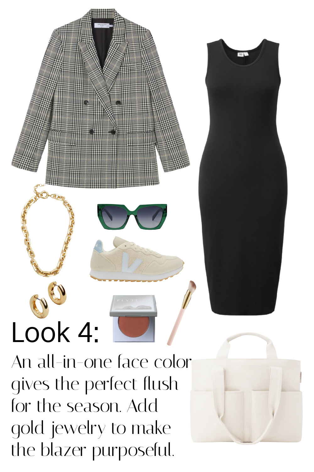 Look 4 features the blazer over a black ribbed tank dress with a canvas tote and sneakers. An all-in-one face color gives the perfect flush for the season. Add gold jewelry to make the blazer purposeful.
