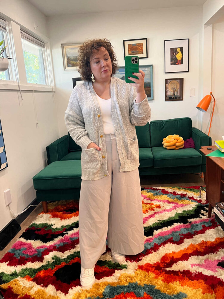 Alison in a gray sequined cardigan from J. Crew with gray M.M.LaFlwur Zhou culottes and a white Athleta ribbed tank.